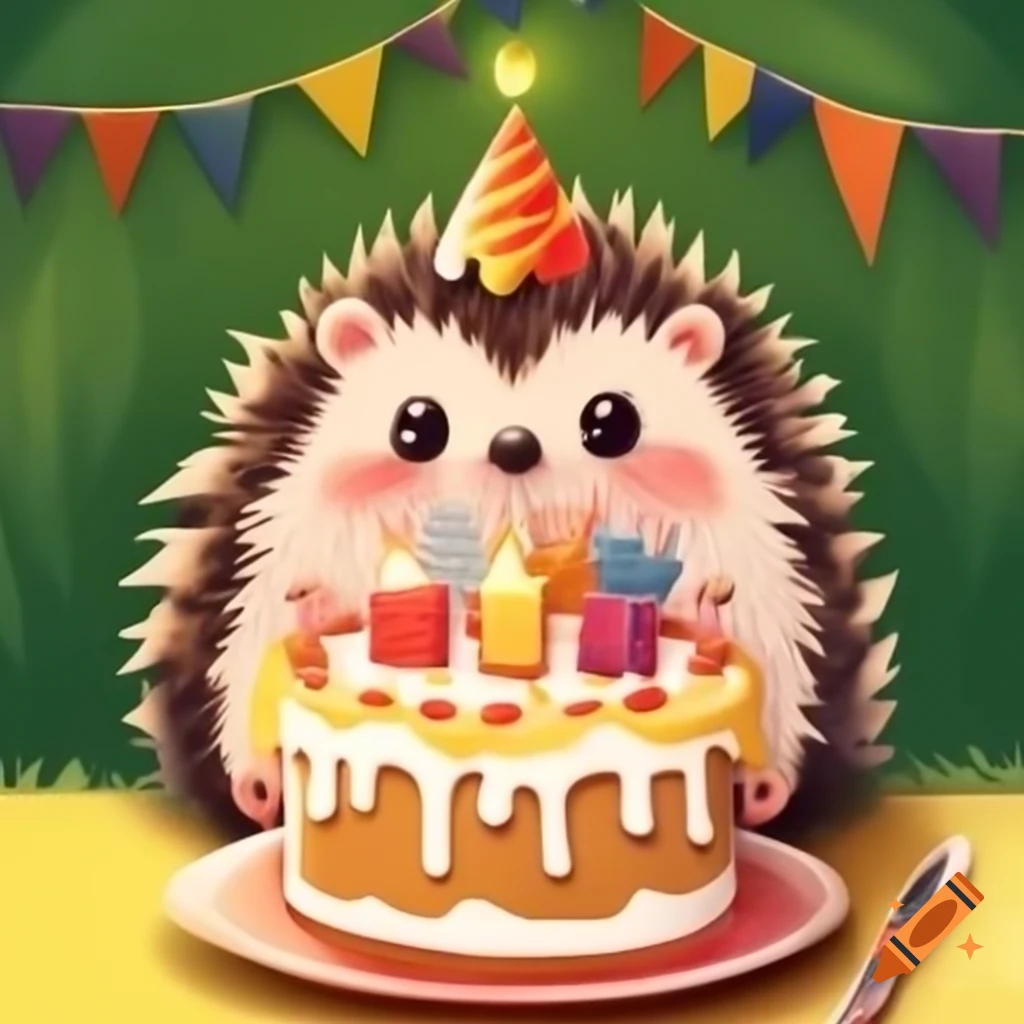 Hedgehog next to a colorful birthday cake