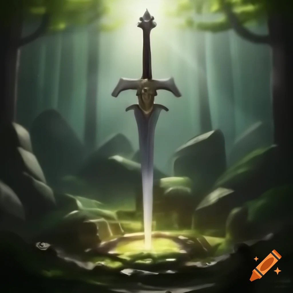 Majestic sword embedded in ancient stone with silver blade and intricate engravings