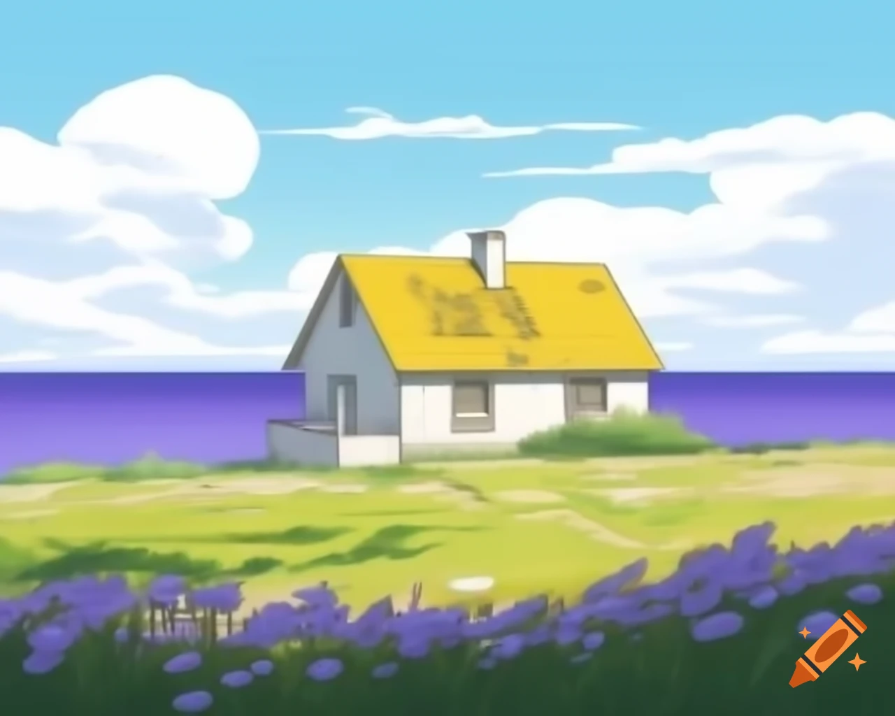 Yellow-roofed house by cerulean sea with blooming purple wildflowers