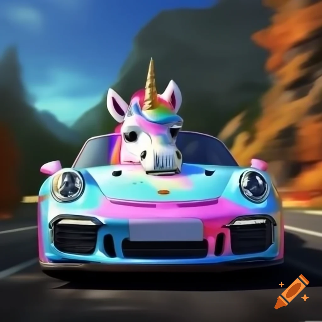 Unicorn driving a Porsche car