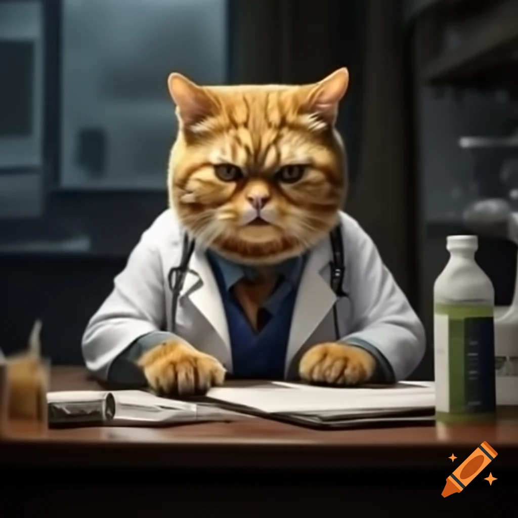 Yellow cat doctor in lab coat administering injection