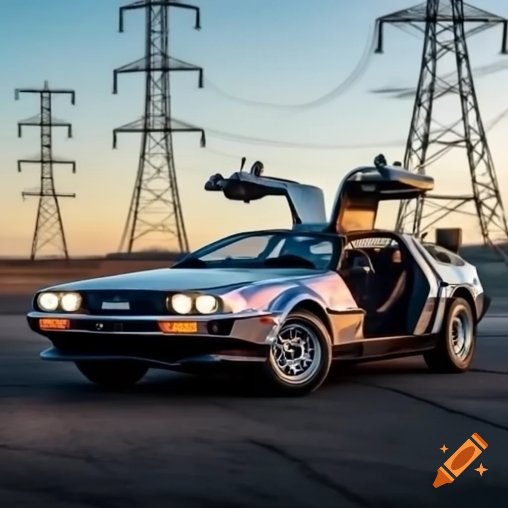 DeLorean time machine near power lines, evoking adventures through time
