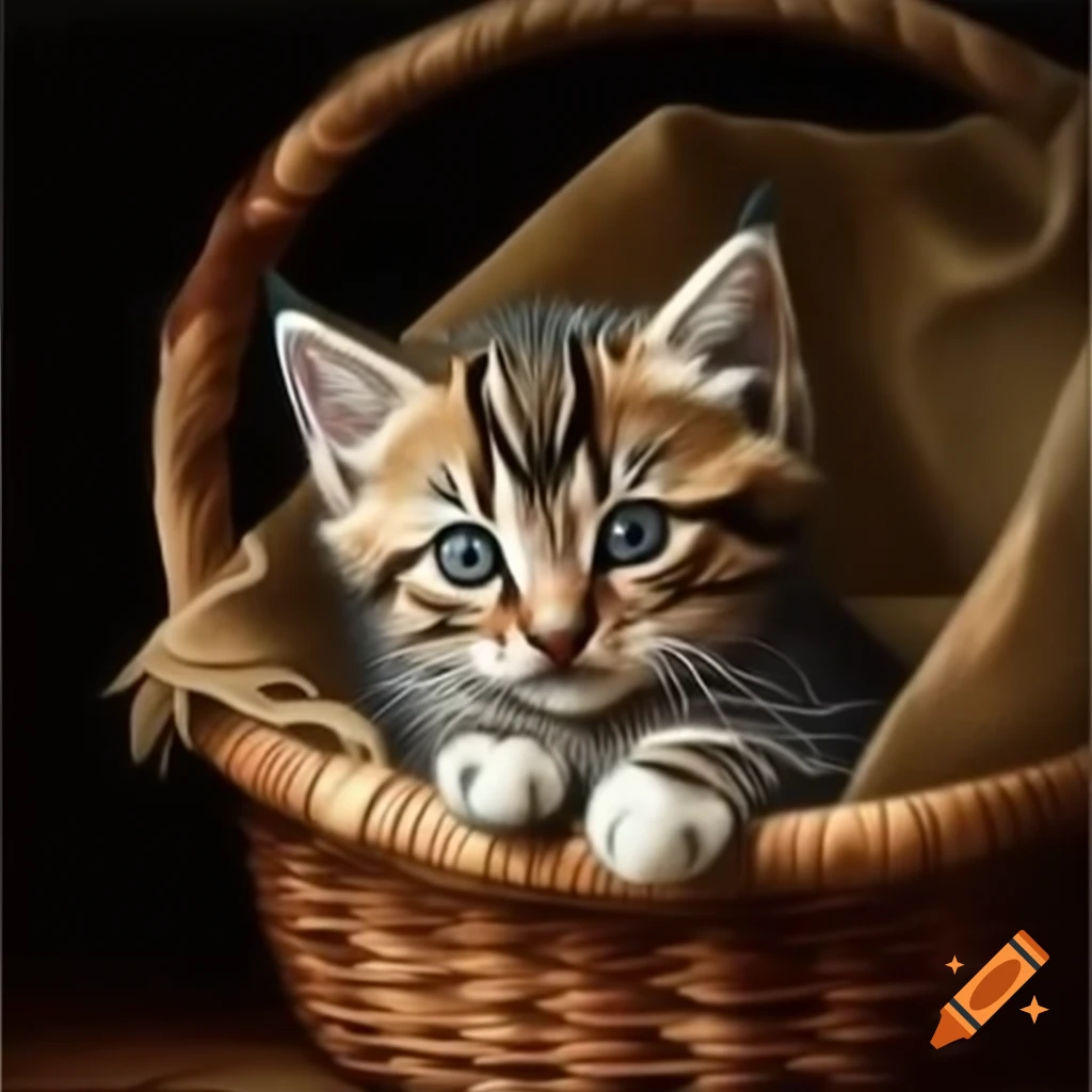 Dirty kitten hiding behind a basket