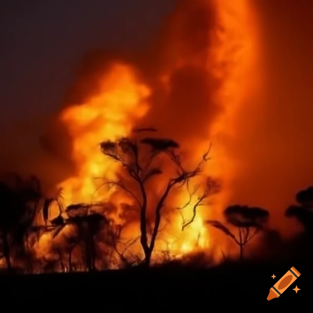 Vast Cerrado landscape engulfed in intense fire flames