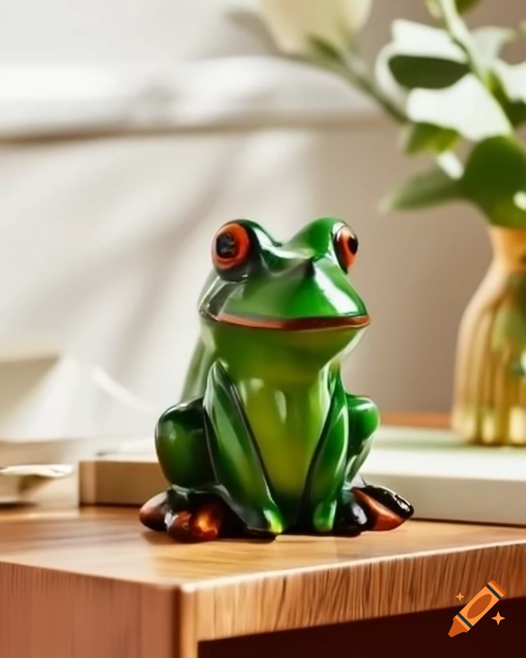 Stained glass ceramic frog figure displayed on a table