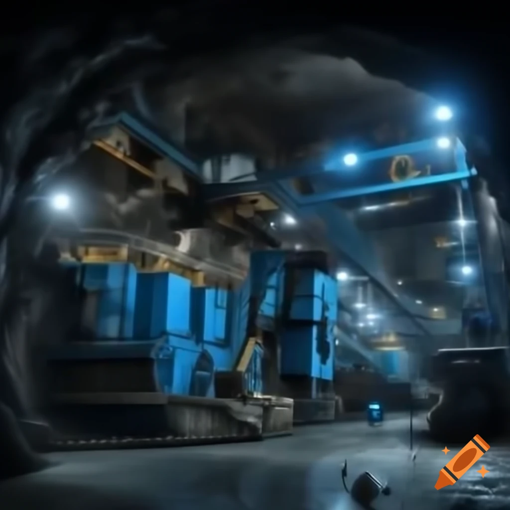 Eerie underground mine with blue-painted steel machinery and workers