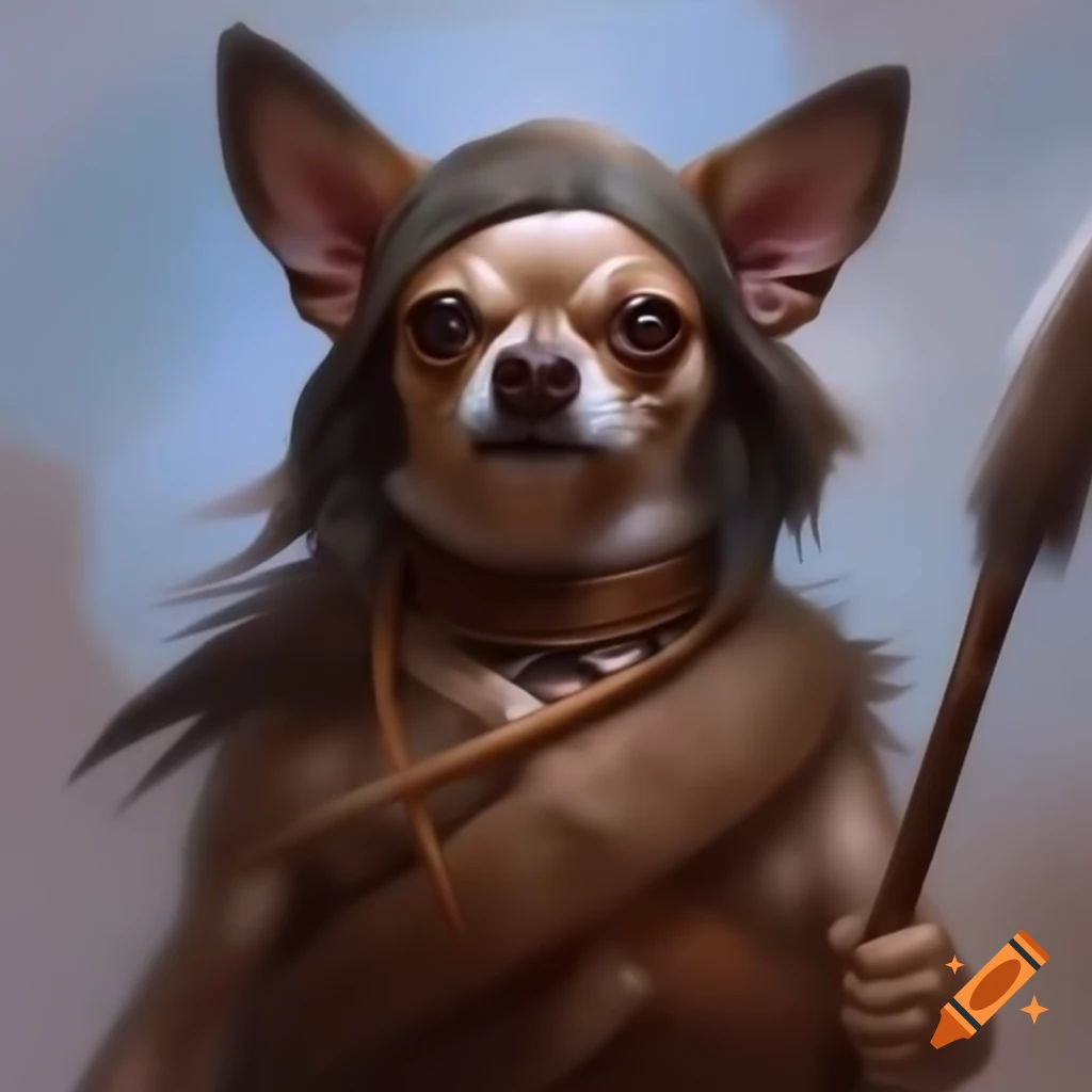 Hyper realistic anthropomorphic chihuahua in tribal clothing wielding spear in Simon Bisley art style