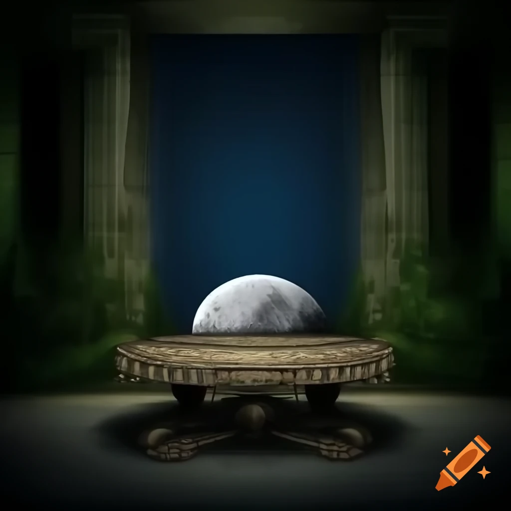 Replica of the moon on ornate table in overgrown temple, photorealistic detail