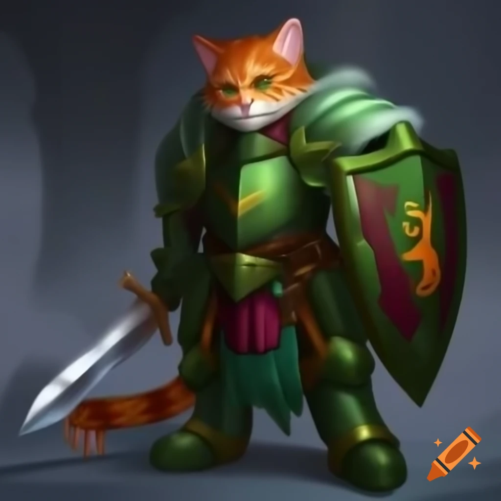 Feline paladin in green armor with sword and shield, looking noble