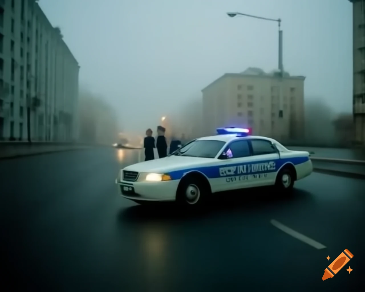 Russian police patrol car on foggy street in urban setting