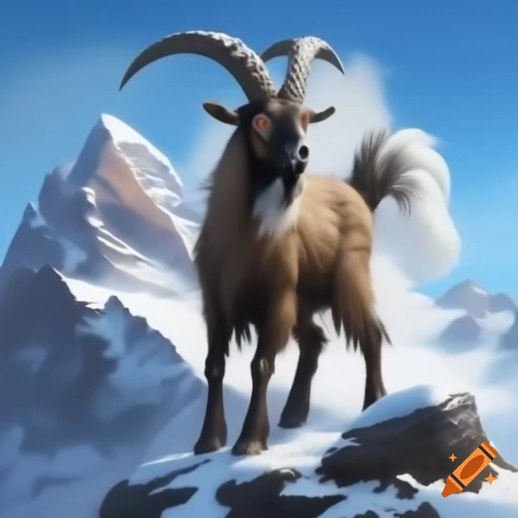 Mythical three-eyed mountain goat on snowy mountain
