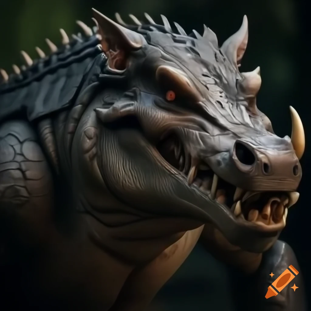 Hyper-realistic wild boar-croc fantasy creature with prominent tusks