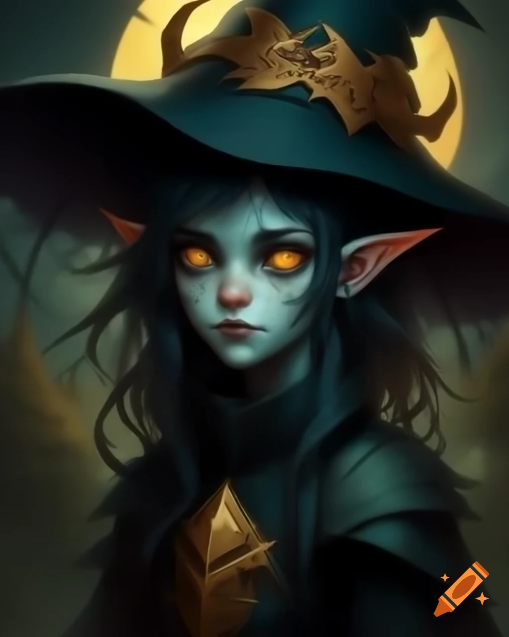Cute undead elf necromancer with dark wizard hat and golden aura