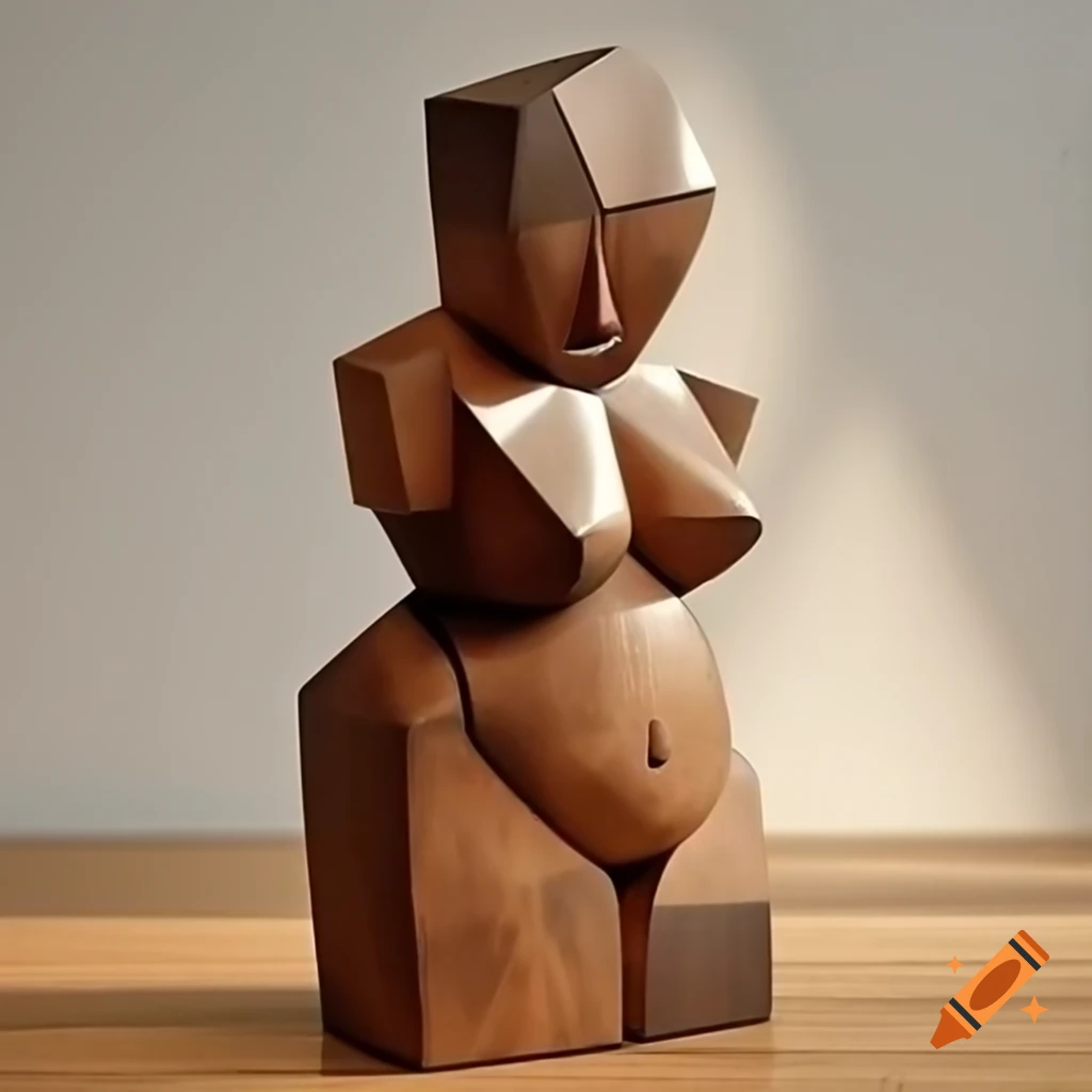 Cubist sculpture of a female figure crafted from rough painted wood