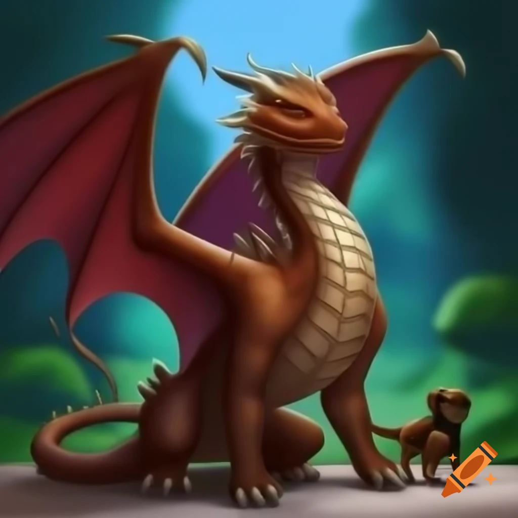 Beautiful dragoness and dog walking together