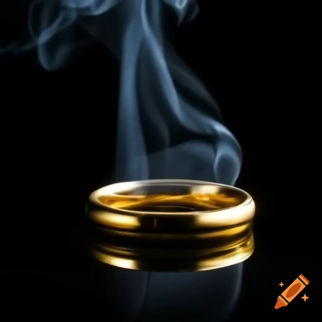 Golden shiny ring with patent text on dark background and light smoke
