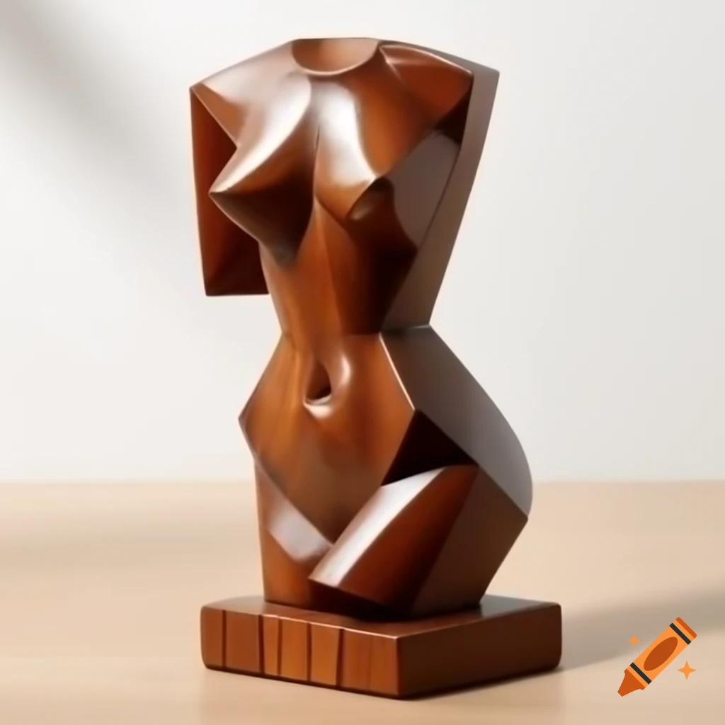 Cubist sculpture of female figure in rough painted wood