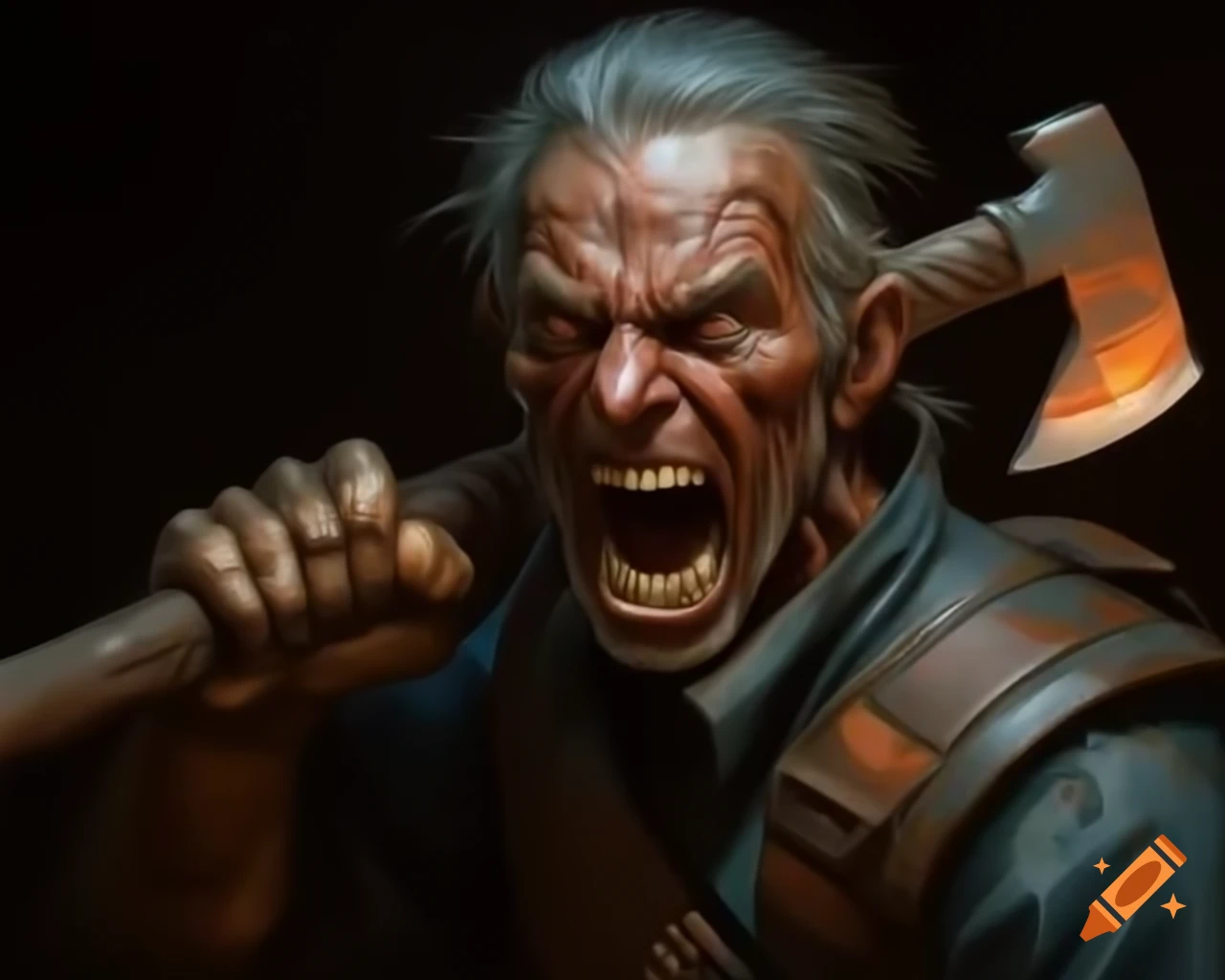 Old man lifting heavy rusted axe with roaring battle cry, photorealistic
