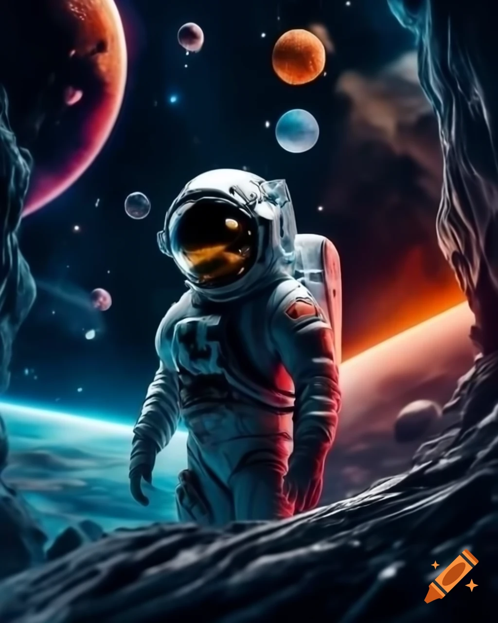 Alien astronaut floating in front of colorful sci-fi backdrop with planets and nova