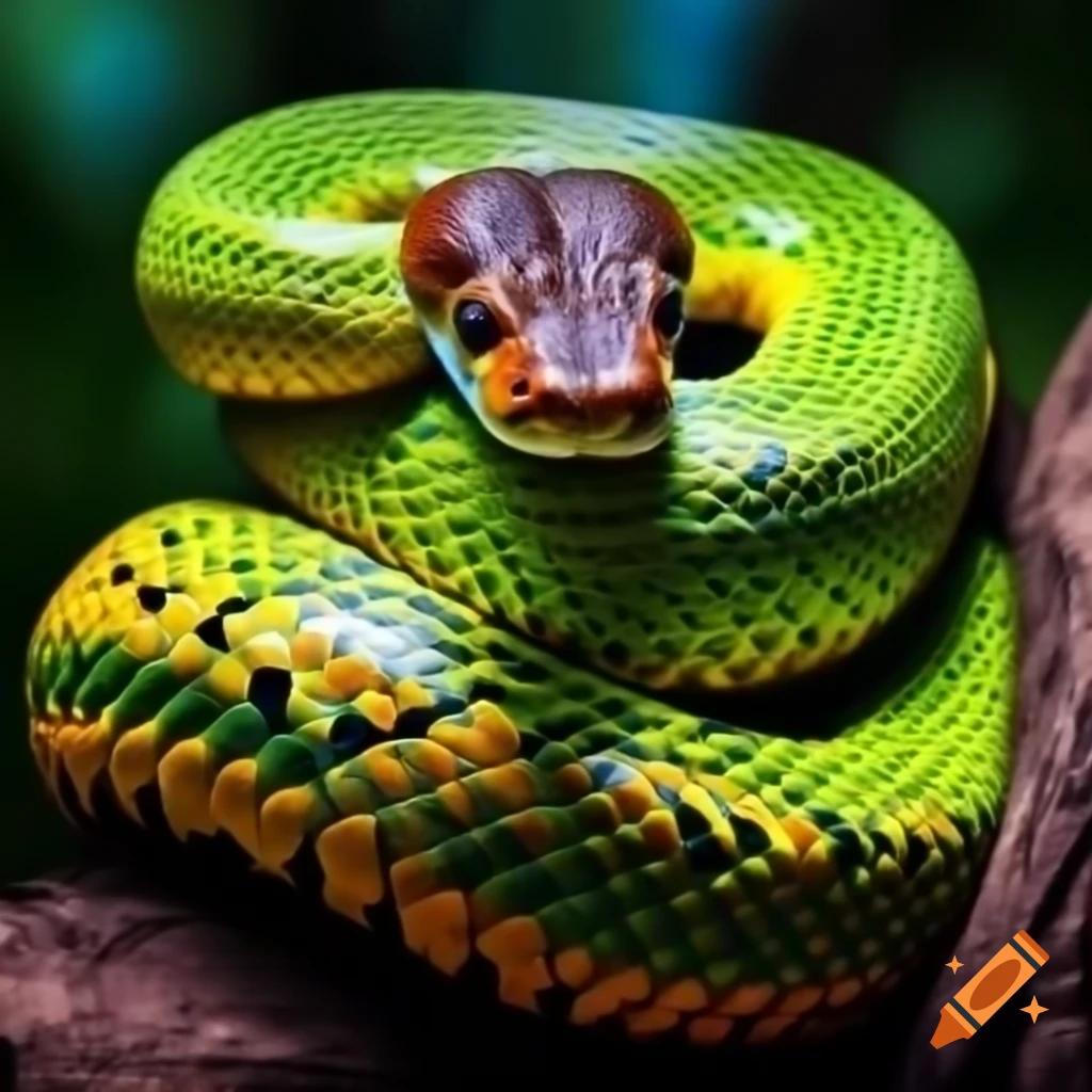 Dark anaconda with bright green eyes curled around tree in forest