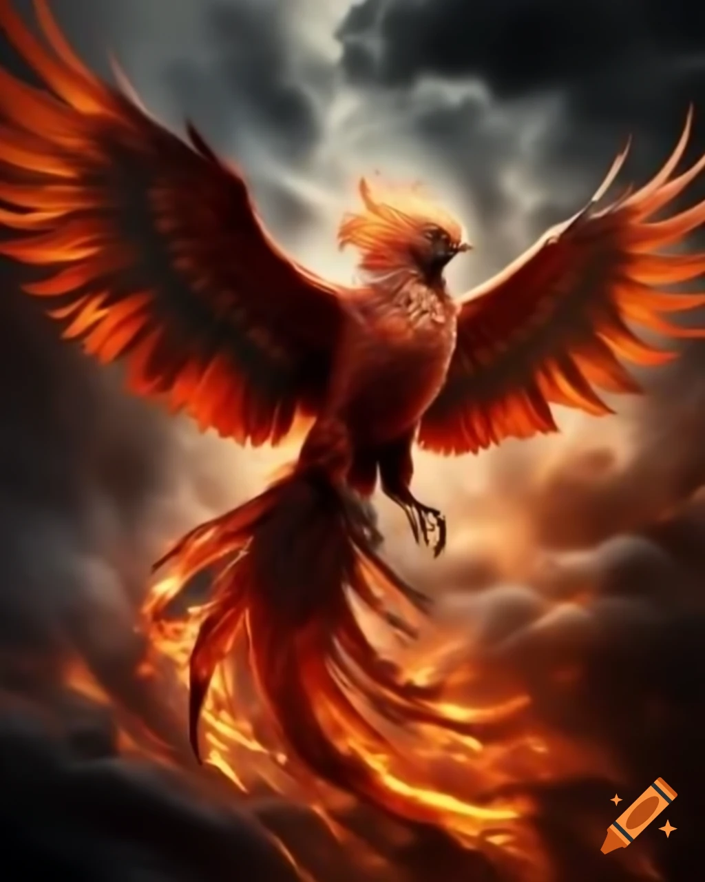 Realistic flying phoenix emerging from flames