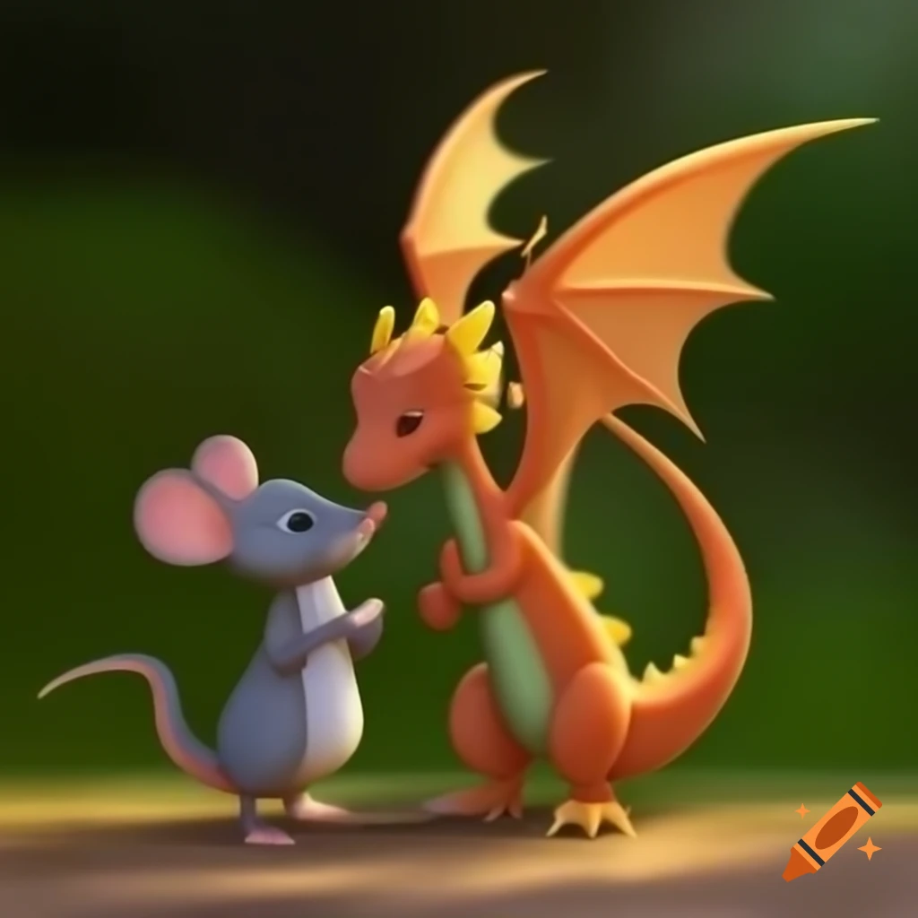 Dragoness dog and mouse sharing food together on craiyon