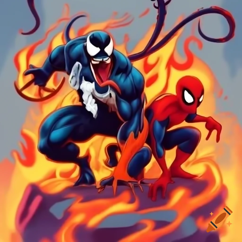 Venom and Spider-Man epic showdown with fiery abilities