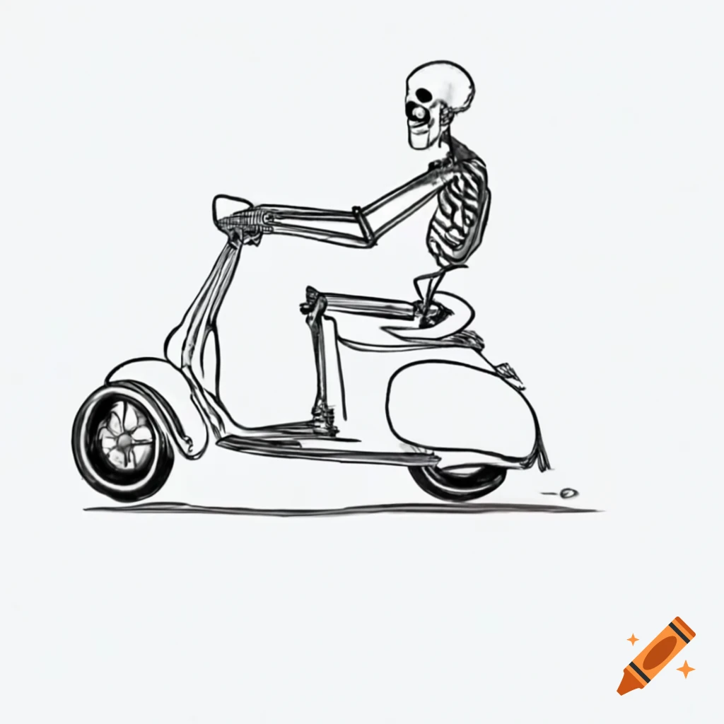 Skeleton riding a Vespa while holding a surfboard