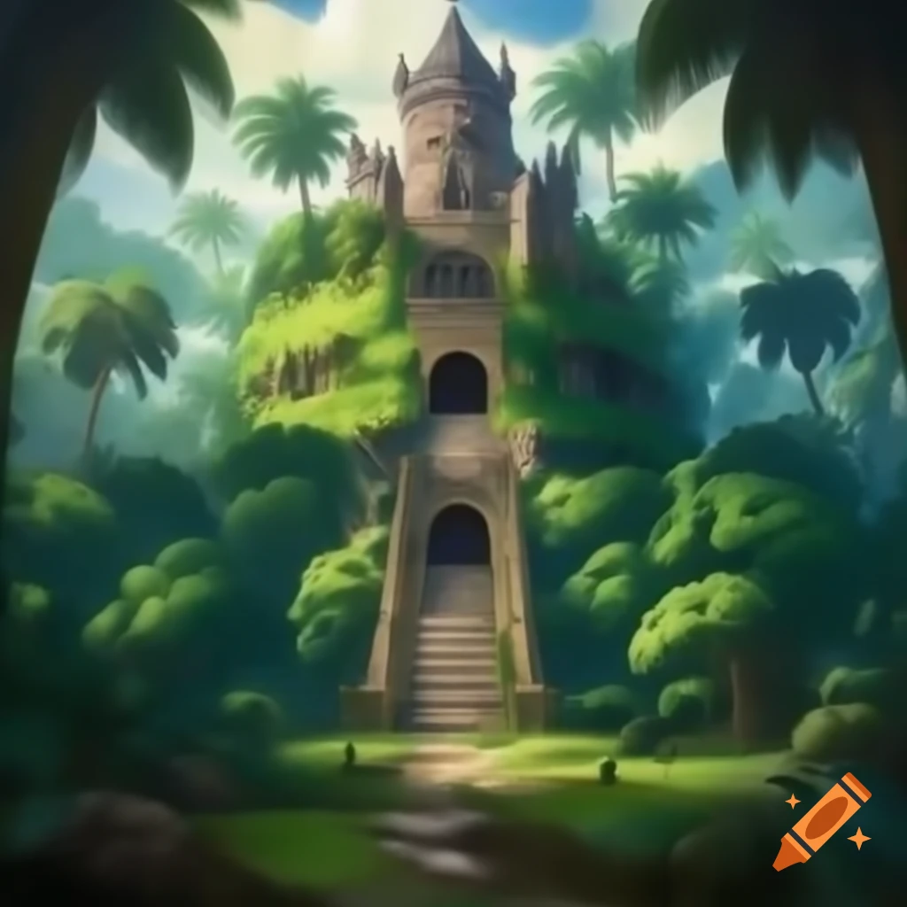 Castle nestled in a tropical forest