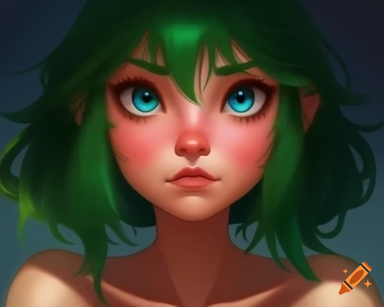 Close up Of Female Character With Green Hair And Dramatic Makeup close-up-of-female-character-with-green-hair-and-dramatic-makeup