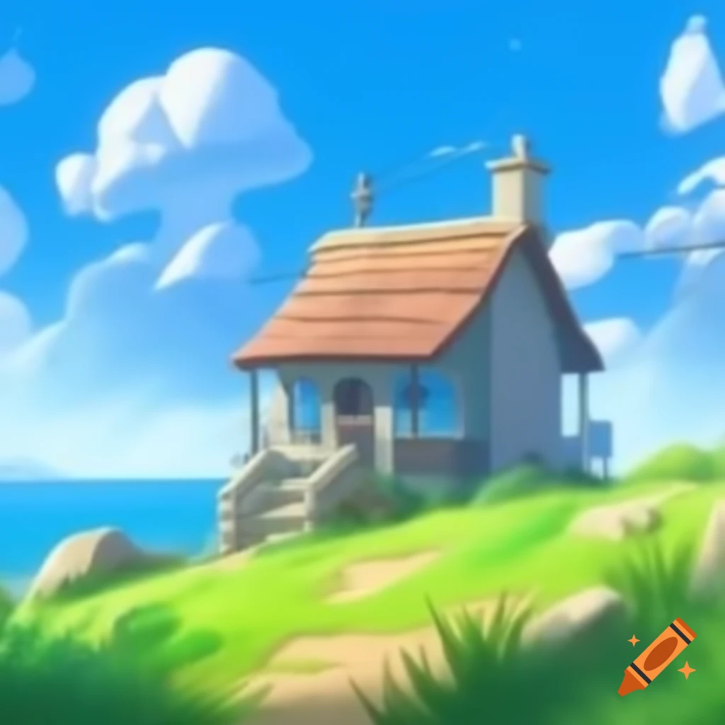 Cute cottage on hill by seaside in Studio Ghibli animation style