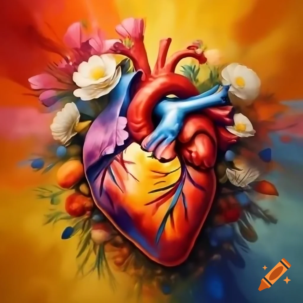Abstract anatomical heart with flowers blooming, colorful vibrant painting