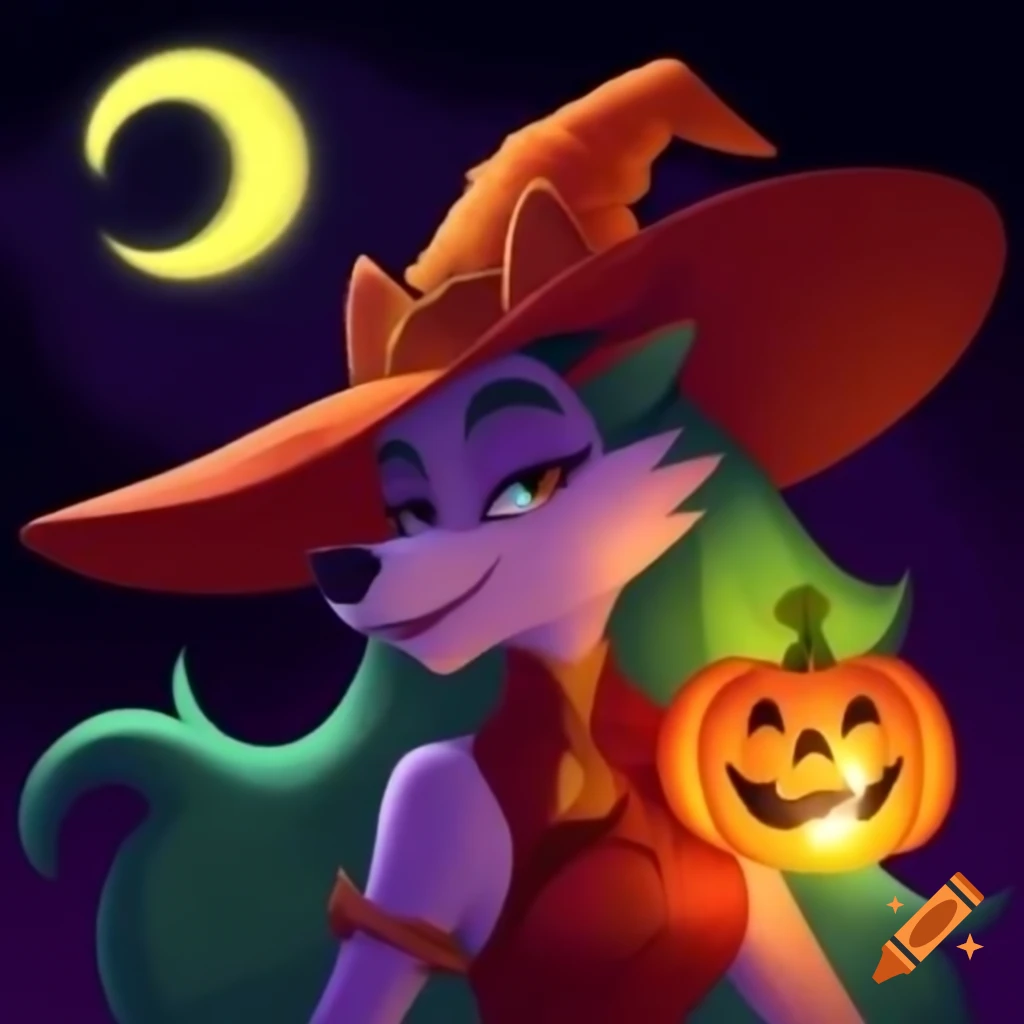 Anthropomorphic feminine wolf with orange hat and colorful hair under harvest moon