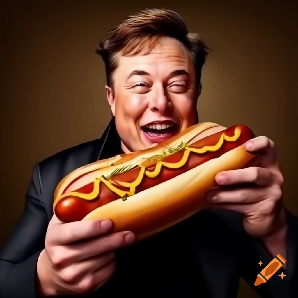 Elon Musk enjoying a large hotdog in photorealistic style