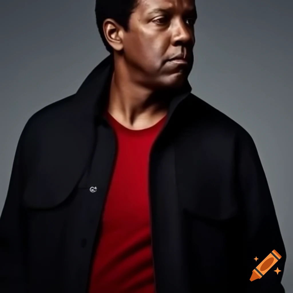 Denzel Washington in black jacket and red undershirt