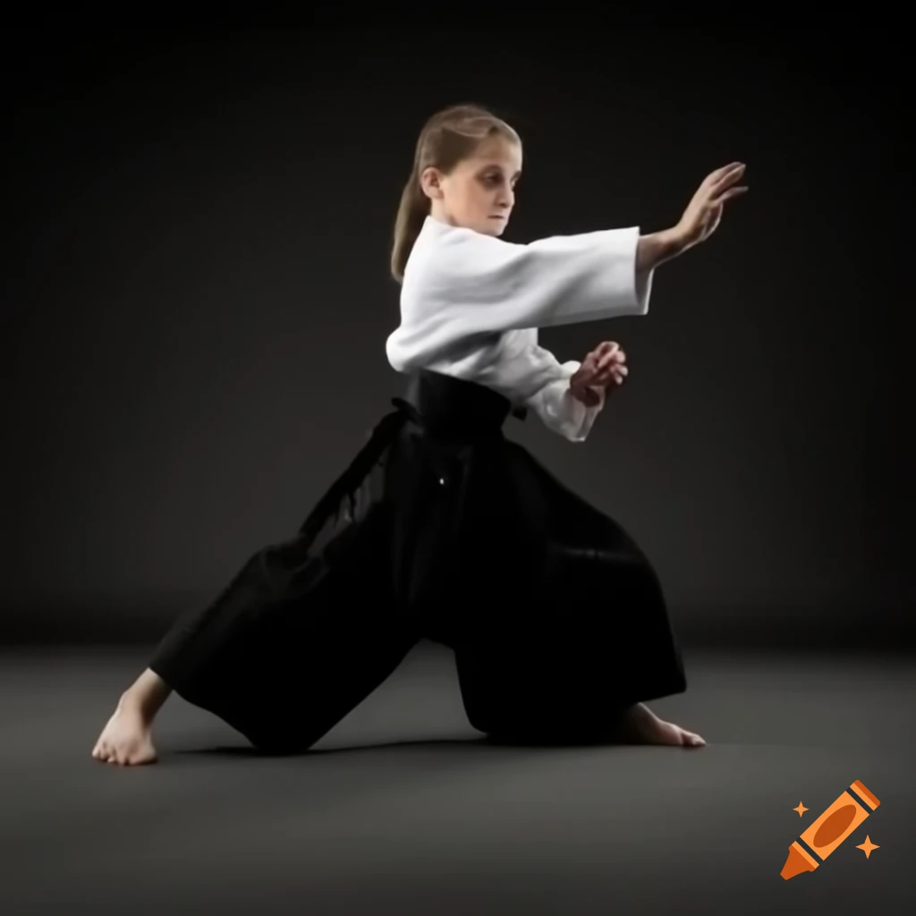 Child practicing aikido martial arts with a striking pose