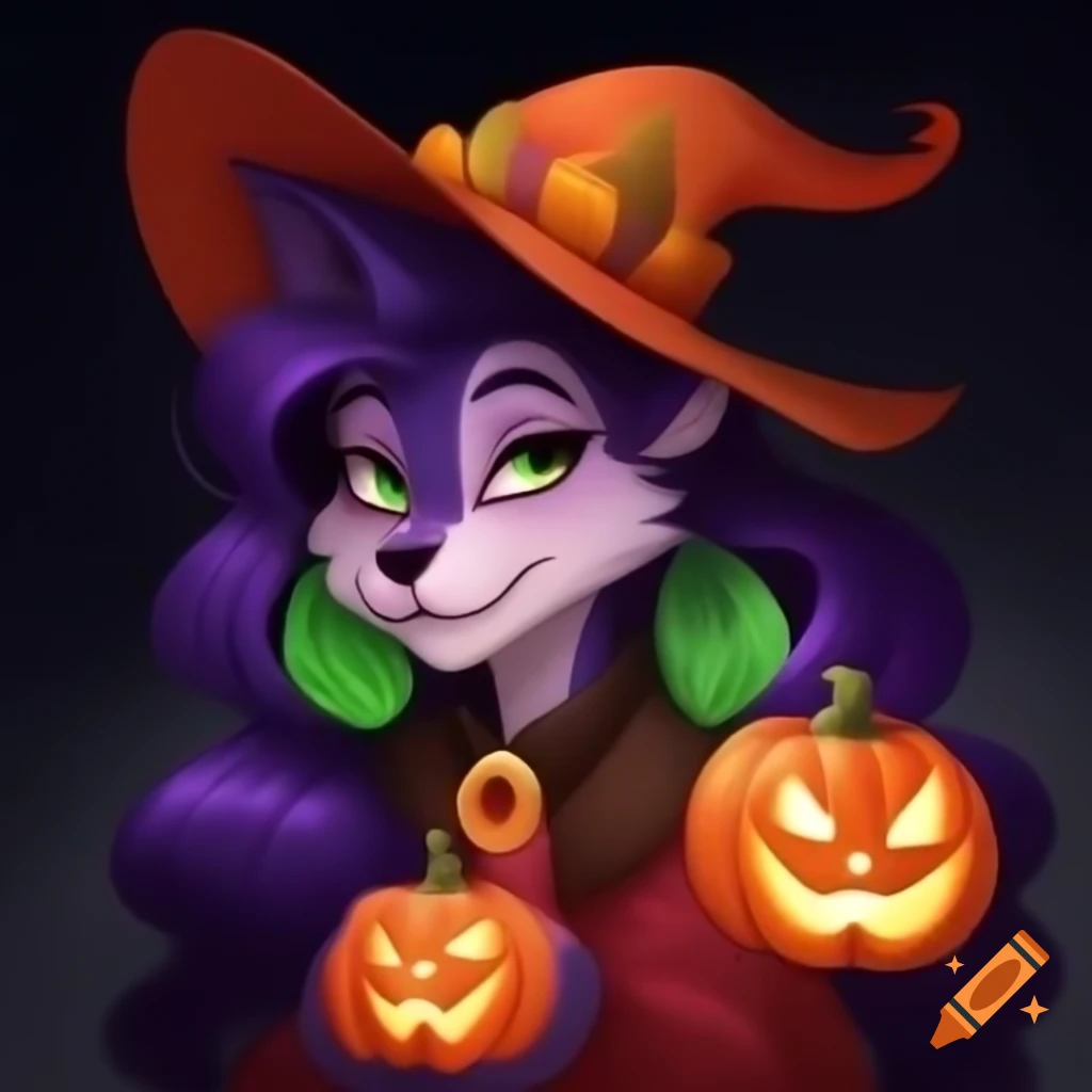 Anthropomorphic feminine wolf with orange hat and colorful hair under harvest moon