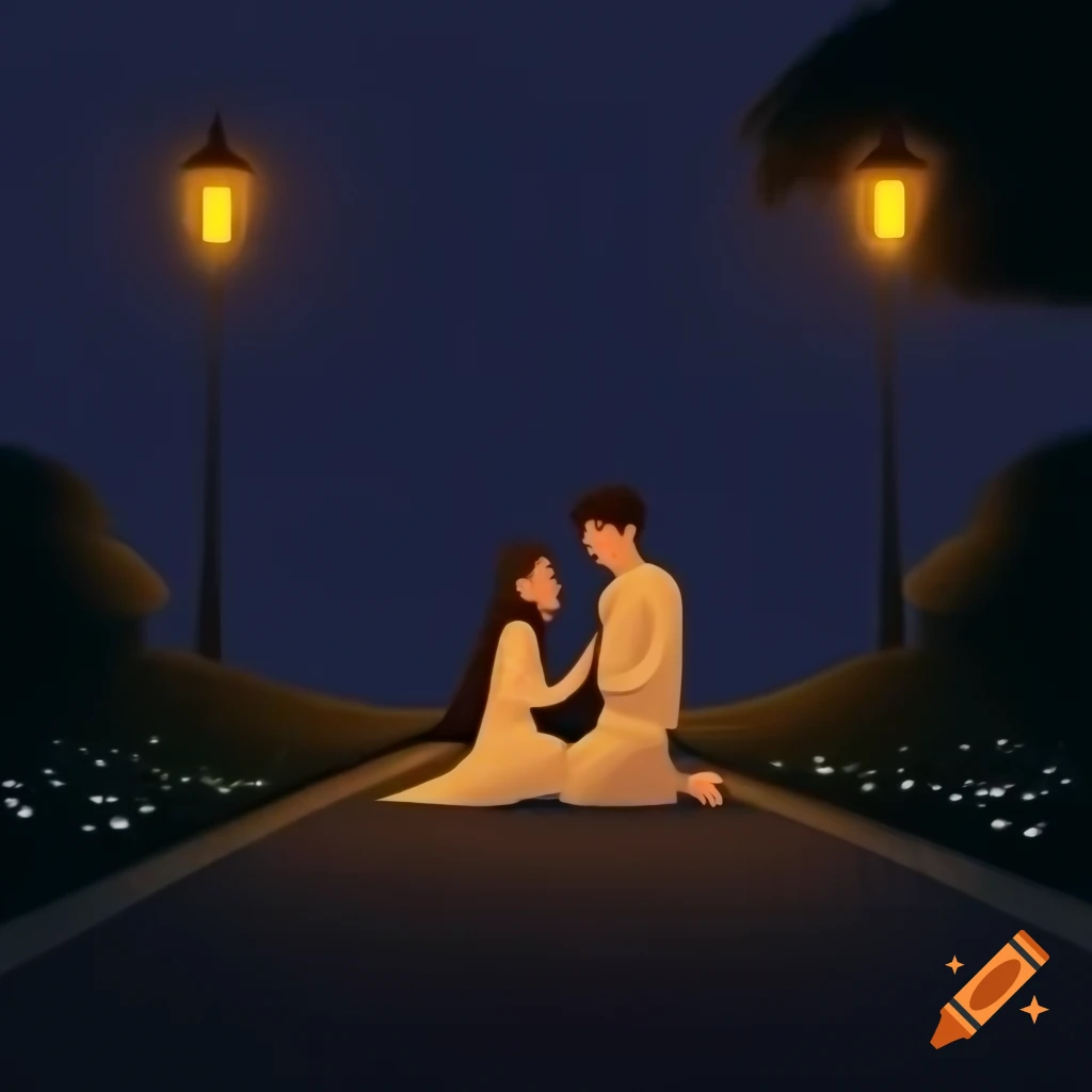 Digital illustration of two young Bangladeshi individuals sitting under warm streetlight on pavement