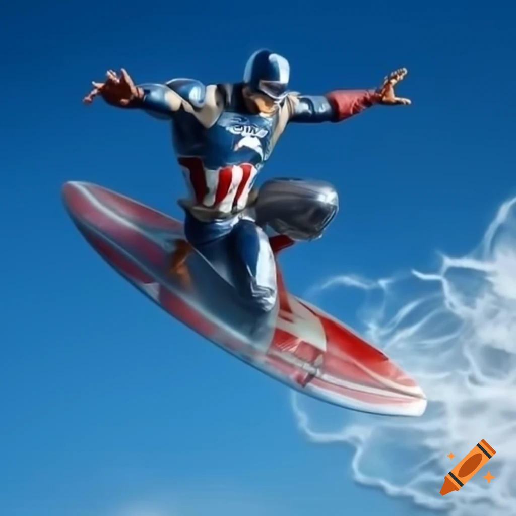 Silver Surfer flying Captain America into space