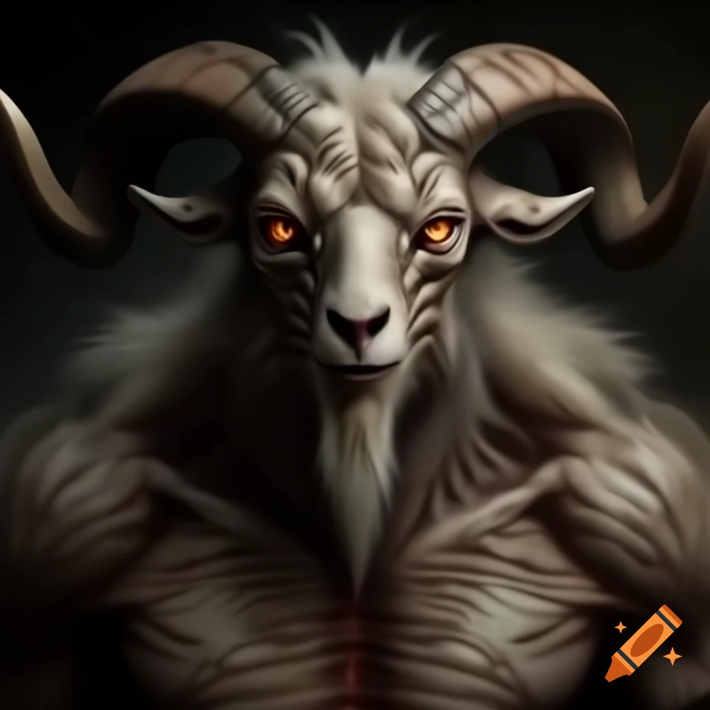 Realistic oil painting of a goat-headed demon with large horns
