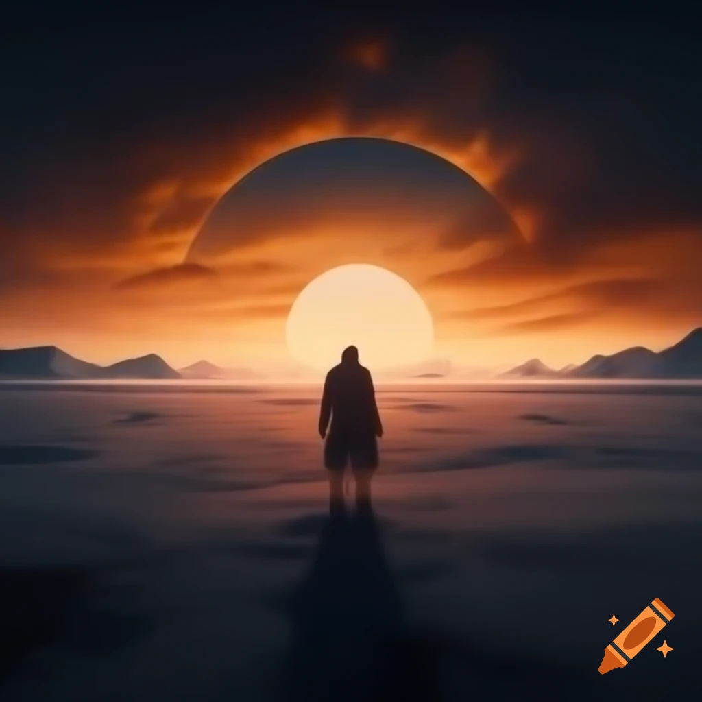 Lone sunset warrior in barren arctic wasteland at dusk with golden and pink sky