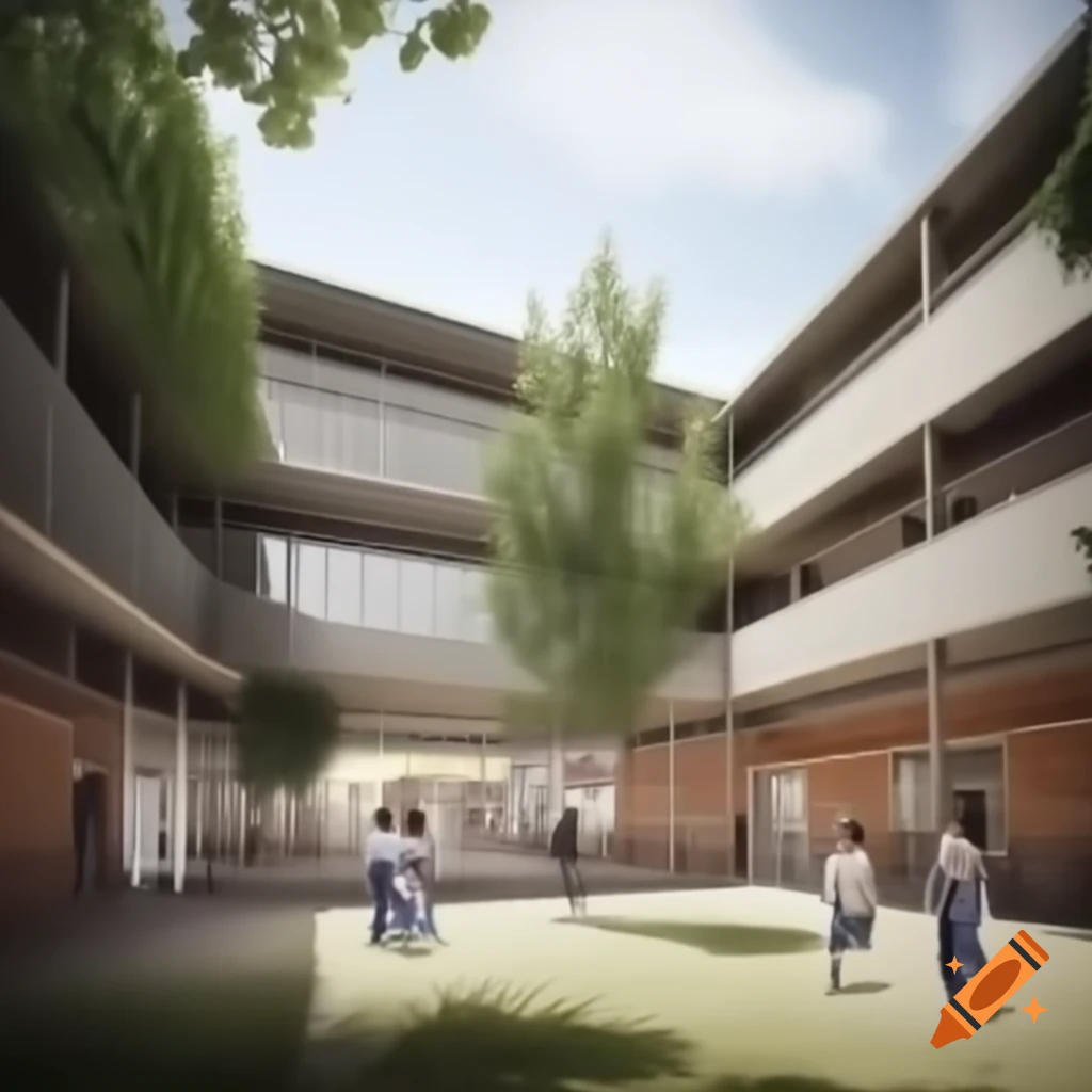 Futuristic schoolyard in 2050 with trees and innovative designs