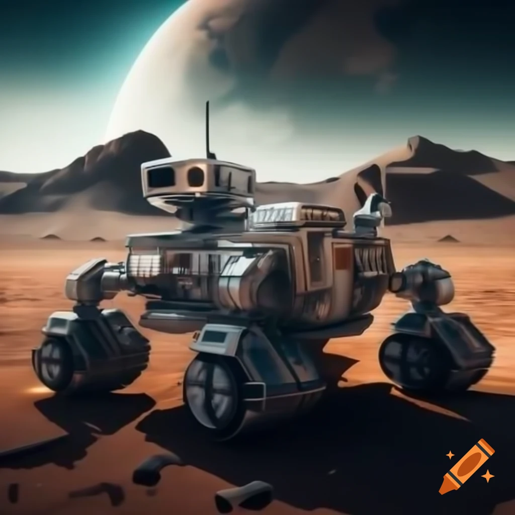 Futuristic Mars rover with AI technology navigating rocky landscape