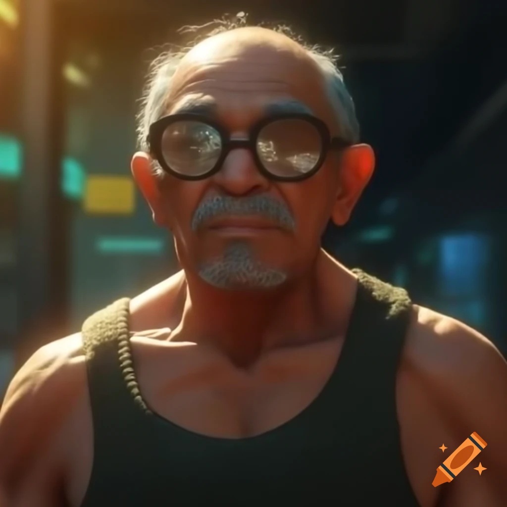 Cyberpunk older Hispanic man in tank top and glasses outdoors