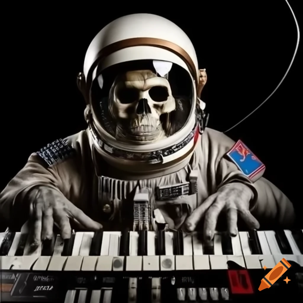 Astronaut skull in helmet with Moog synthesizer keyboard