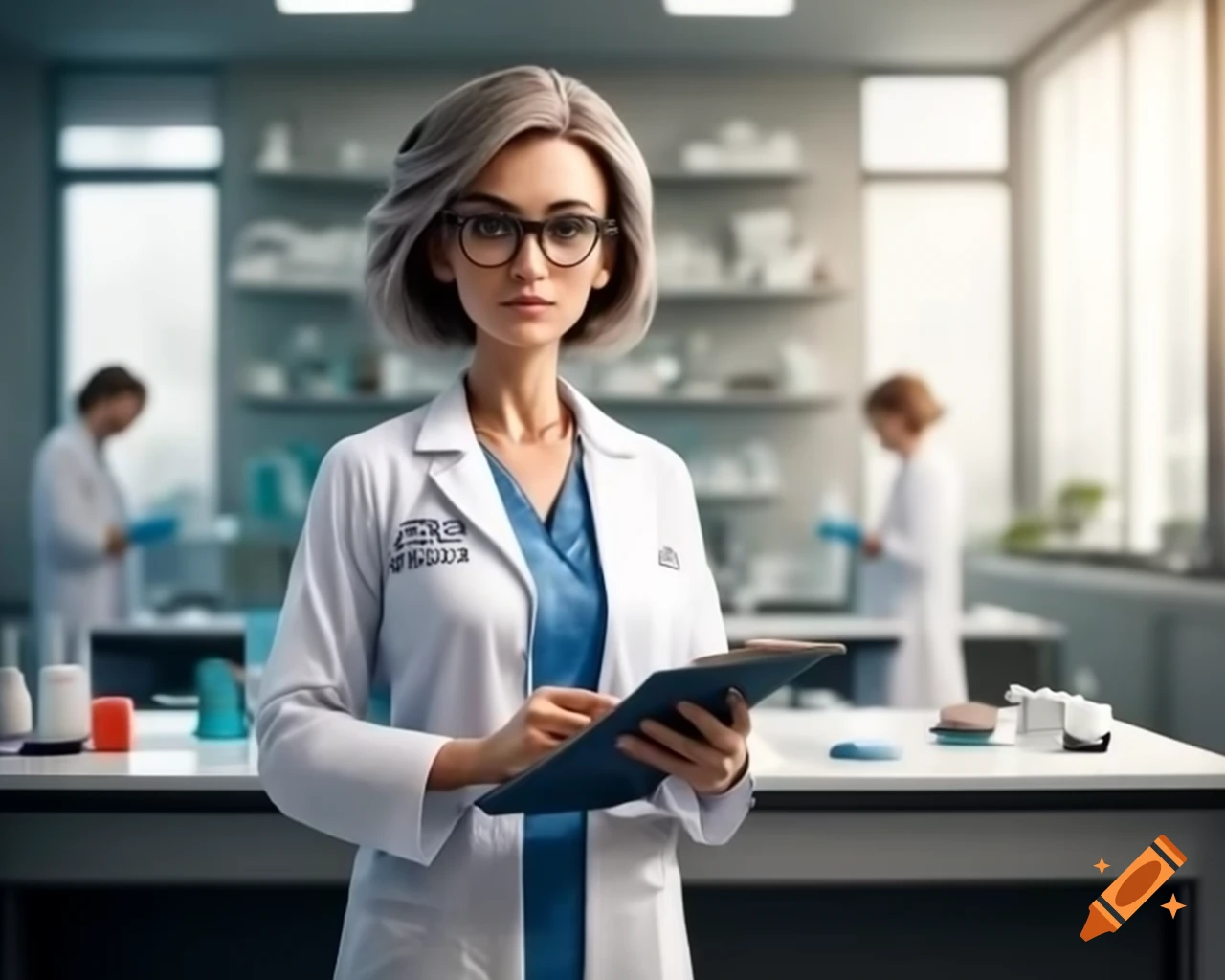 Middle-aged female scientist in lab coat and glasses, holding instruments
