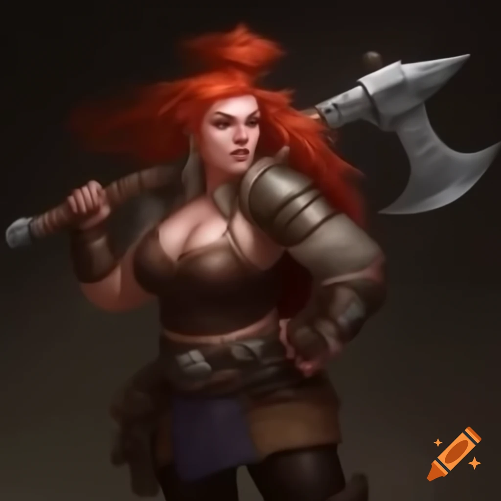 Female dwarf barbarian with red hair wielding a halberd