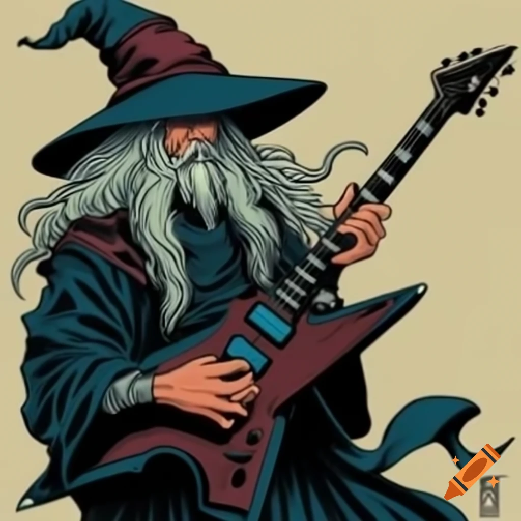 Wizard playing electric guitar in manga art style
