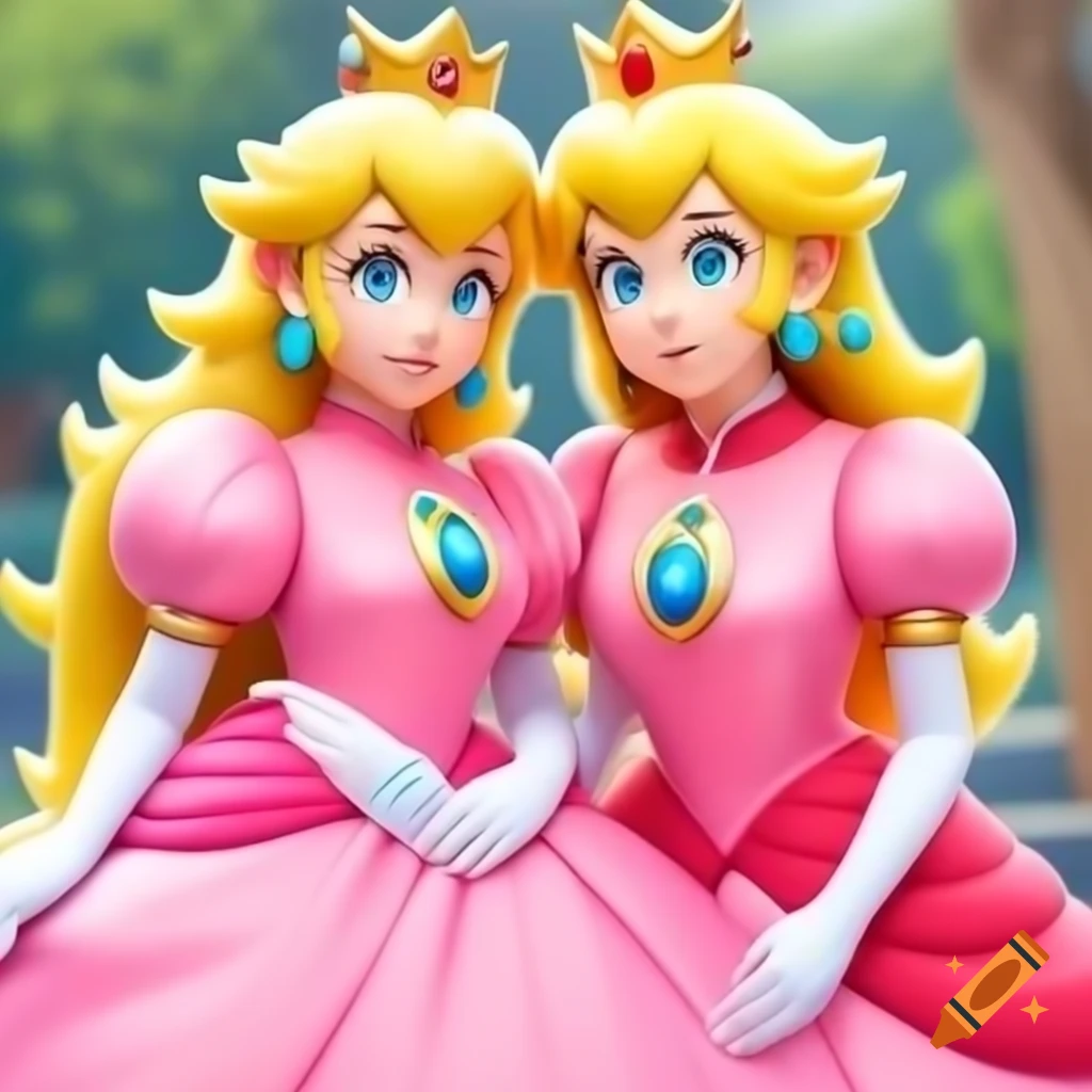 Princess Peach and Link in pink silk ballgowns, high-quality video game art