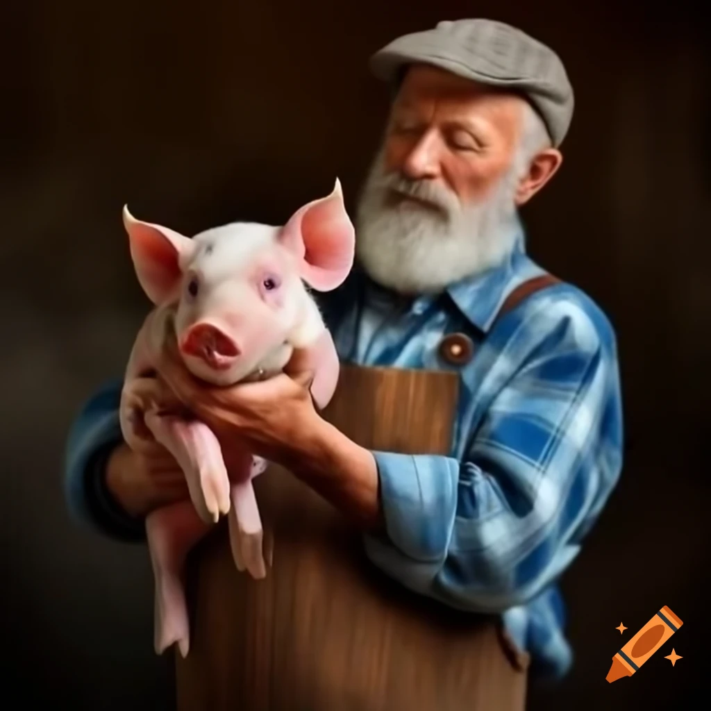 Old farmer holding pet pig